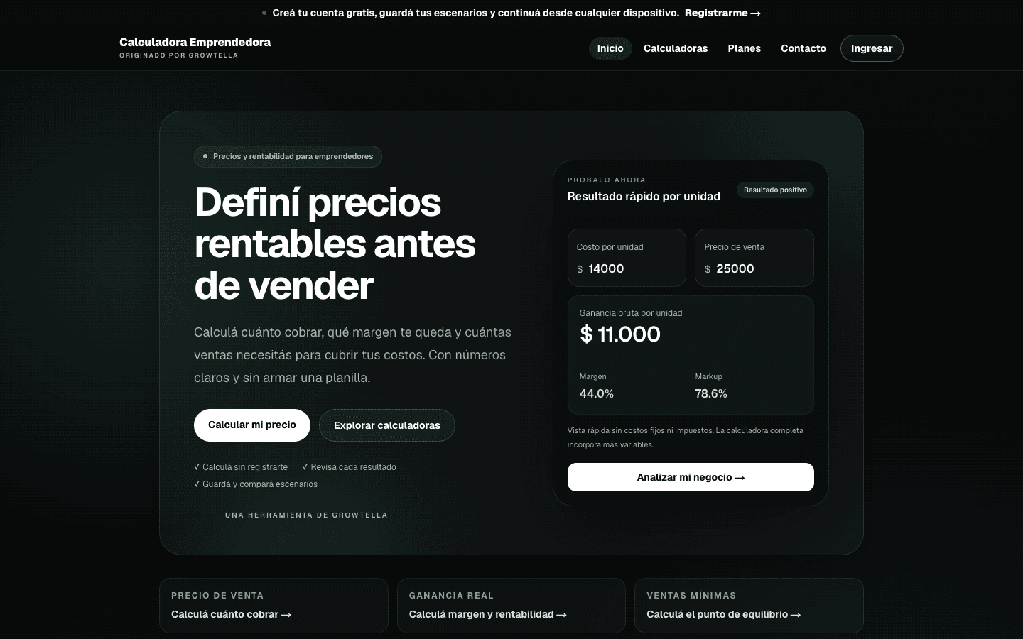 Captura del producto o negocio Calculadora Emprendedora